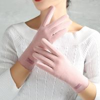 手套女冬季薄款保暖韩版可爱学生触屏防风防寒骑行开车五指批发 简约皮标-皮粉