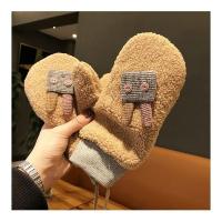 连指手套女冬韩版日系保暖可爱卡通加绒软妹学生挂脖冬天骑车手套 驼色