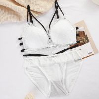 性感蕾丝黑色内衣女无钢圈小胸聚拢调整高档文胸薄款夏2021新品 白色-套装 70A