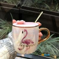 火烈鸟马克杯带盖勺创意陶瓷杯可爱杯子女学生韩版家用喝水咖啡杯 樱花盖珠光釉鼓形粉色内壁火烈鸟