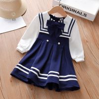 学院风女童长袖连衣裙中小童公主裙春秋小儿童秋装宝宝秋季裙子 藏青色 90