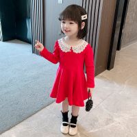 女童春秋连衣裙2021新款长袖公主裙蕾丝花边领洋气宝宝儿童百褶裙 红色 80码 建议身高75厘米