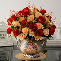 高档仿真花新款欧式客厅茶几假花套装摆件装饰家居摆设花艺绢花 红色欧式玫套装