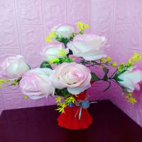 仿真玫瑰花客厅装饰电视柜插花摆设绢花单支塑料假花花束干花摆件 粉色玫瑰一束加花瓶(花瓶颜色随机)