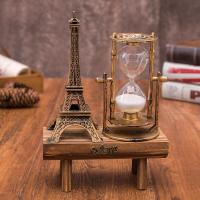 I0111 创意复古铁塔沙漏摆件 简约现代家居书房木质摆座沙漏摆饰 古铜色--20*14.5cm