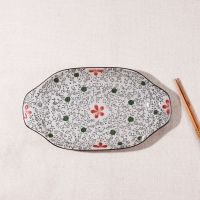 日式釉下彩陶瓷大号鱼盘 汤盘12英寸烤盘 家用大号微波炉加厚防烫 大红花
