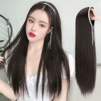 假发女长发自然头套仿真人发丝黑长直发箍可拆卸半头套假发套 浅棕色 可拆卸-水晶流苏:长直发