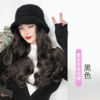 羊羔绒渔夫帽子带假发一体女长发大波浪微卷直UV型半头套式冬韩版 黑色 [U型头套]卷发