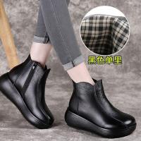 2021秋冬新款厚底短靴女加绒保暖棉靴舒适复古真皮圆头防水台女靴 黑色单里 标准尺码