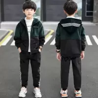 男童冬季套装加绒加厚金丝绒保暖中大童两件套时尚2021新款流行 墨绿色[单面金丝绒] 110