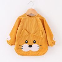 男女宝宝罩衣儿童秋冬防水防脏反穿衣长袖围裙婴儿吃饭围兜护衣 竖条小猫咪[卡黄色] 14码/80[建议1岁以内]