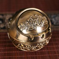 [复古青铜]大号烟灰缸创意个性家用客厅防飞灰密封带盖牛气冲天 青铜玫瑰花球型款[小号]
