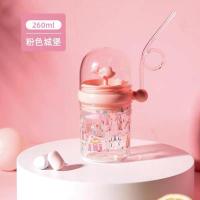 创意水杯女学生带吸管塑料杯小清新可爱咖啡杯高颜值便携双饮杯子 防摔吸管杯260ML-粉色 单杯(送卡通贴纸)