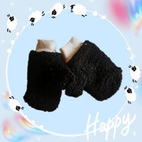男女通用加厚加绒羊羔绒卡通冬款学生白暖挂脖包指可爱保暖手套 [简约款]黑色