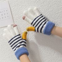 触屏全指手套男士冬天女加绒加厚貂毛保暖冬季骑行防寒骑车 拼色条纹-白色(貂毛款)