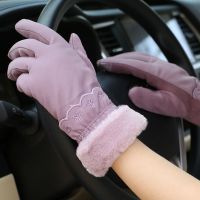 冬天防风保暖手套女开车可爱学生防寒触摸屏保暖加绒加厚户外骑行 豆沙色(绒毛口小花款)