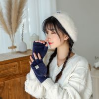 {台州大卖}手套学生秋冬毛绒露指手套女可爱半指翻盖加厚毛线手套 纯色贴花+上青 特价半指翻盖
