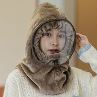 秋冬季儿童套头帽户外保暖围脖连帽卡通婴幼儿帽子宝宝骑车防风帽 光板咖啡色+防雾面罩 成人码(男女通用)