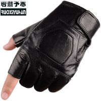 真皮半指手套男羊皮户外开车骑行露指防滑特种兵军迷战术训练手套 黑色(羊皮) L