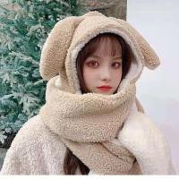 护耳帽子围巾手套一体女秋冬百搭毛绒保暖可爱骑车围脖韩版三件套 卡其色