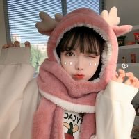 冬装2020新款可爱减龄少女圣诞鹿角加厚保暖学生帽子围巾手套一体 粉色