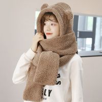 小熊帽子韩版可爱女百搭秋冬季冬天围巾一体骑车保暖手套三件套潮 成人2件套-深卡其(帽子围巾)