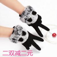 冬季手套女可爱韩版学生加绒加厚骑车保暖开车触屏仿兔毛麂皮绒 猫耳朵黑 均码