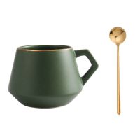 鎏金咖啡杯情侣马克杯简约北欧ins陶瓷杯女家用办公室水杯带勺 单杯带勺