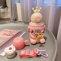 Bearboss儿童皇冠洞洞杯保温杯带吸管水杯学生水壶可爱少女杯子 BABY粉