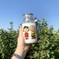 韩国可爱简约情侣学生少女玻璃杯潮流泡花茶过滤网提绳便携水杯子 史努比C 400ml 单杯(单杯没有茶隔)