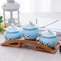 创意陶瓷调味瓶罐三件套装调料罐日式调料盒厨房盐罐辣椒油罐家用 白梅玫瑰造型+拱形竹托