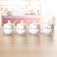 创意厨房品陶瓷调味罐调料盒调料罐四件套盐罐味精罐带架带勺 鼓型粉色kt四件套