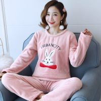 法兰绒睡衣女秋冬季加厚加绒珊瑚绒套装大码中老年长袖可爱家居服 H套头豆沙领结兔-女 M(80-105斤)