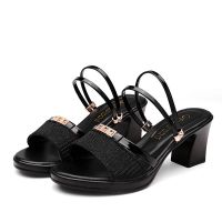 中跟凉拖鞋鱼嘴拖鞋女高跟凉鞋粗跟防水台两穿鞋凉鞋女学生夏天鞋 黑色 A06 34