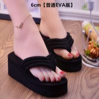 新款泡沫拖鞋女夏时尚外穿心形韩版百搭松糕厚底人字拖沙滩鞋凉拖 [6cmEVA底]光面黑色 35码
