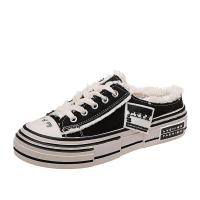 2021年秋季新款小众包中帮情侣鞋女外穿帆布鞋小白鞋半托乞丐鞋 黑色 35