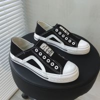 踩脚半拖帆布鞋女板鞋休闲40一脚蹬平底42胖脚宽肥大码女鞋41一43 黑色 35 偏大半码