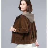 加绒灯芯绒外套女春秋季大码宽松中年妈妈韩版连帽百搭短款冬夹克 [薄款]咖啡 M 建议80-100斤