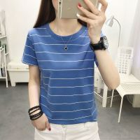 [95%棉]时尚条纹圆领短袖T恤女上衣胖mm大码宽松显瘦百搭体恤衫 612#短袖[牛仔蓝] M [建议80-100斤]