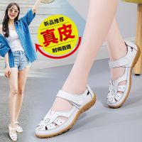 真皮夏季洞洞鞋镂空单鞋小白鞋平底妈妈鞋软底舒适休闲女鞋工作鞋 白色 偏大半码 36