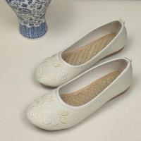 新款老北京布鞋牛筋底搭配汉服古装平底手工刺绣民族风绣花鞋 米色花朵 标准尺码 35