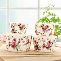 陶瓷保鲜碗4件套带盖密封家用大小号保鲜盒卡通可爱微波炉用 红色蔷薇