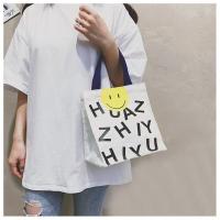 ins超火笑脸帆布包女夏2021新款百搭托特包手提便当购物袋单肩包 款三白色[专柜品质]