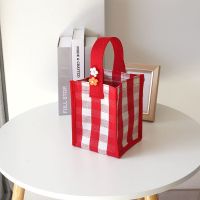 韩国小众ins格子帆布包手提包迷你伴手礼时尚收纳袋购物袋女 红色格子 送两个小花别针颜色随机