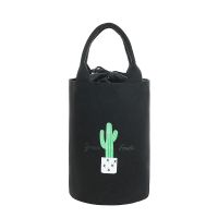 新款帆布手提抽绳袋妈咪包午餐包饭盒袋圆形圆桶饭内带水杯位拉链 黑色仙人掌