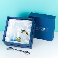 蓝玫瑰珐琅杯套装家用带盖玻璃杯办公室喝水杯耐热花茶杯礼盒装 单只新品蓝玫瑰礼盒+珐琅勺