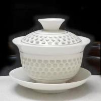陶瓷盖碗茶具镂空创意玲珑金线盖碗家用客厅办公功夫茶泡茶神器 玲珑金线盖碗