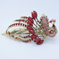 复古发饰品韩版孔雀大号牛角夹水钻发夹子盘发头饰尖嘴夹/鸭嘴夹 红色