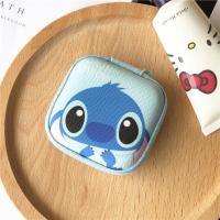 皮革纹方形迷你小号卡通耳机收纳包数据线充电器可爱数码整理盒子 7.5蓝色史迪仔耳机包