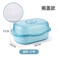 装碗筷收纳盒带盖子放碗碟收纳箱沥水架碗柜厨房置物架塑料沥水篮 蓝色 小号(揭盖式)